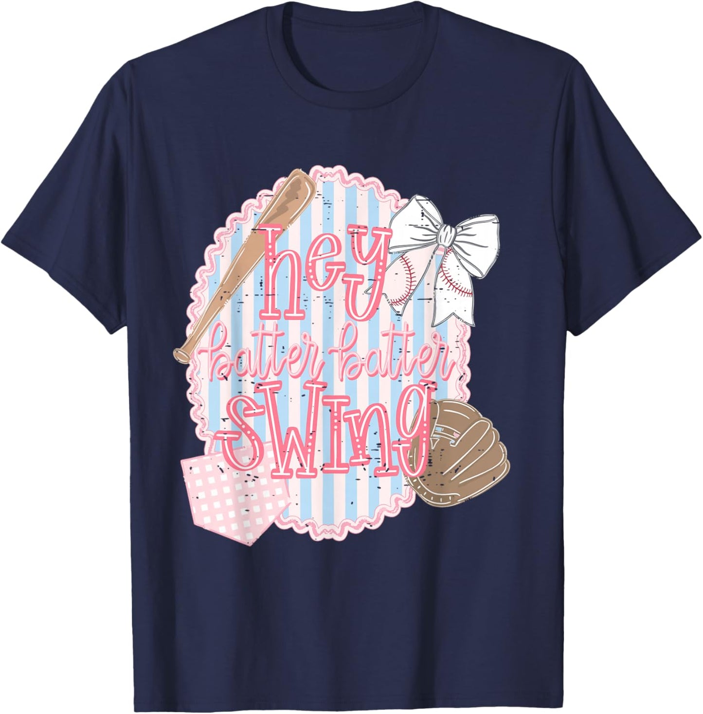 Hey Batter Batter Swing Baseball Game Day Coquette Bow Girly T-Shirt - T-Shirt | Navy
