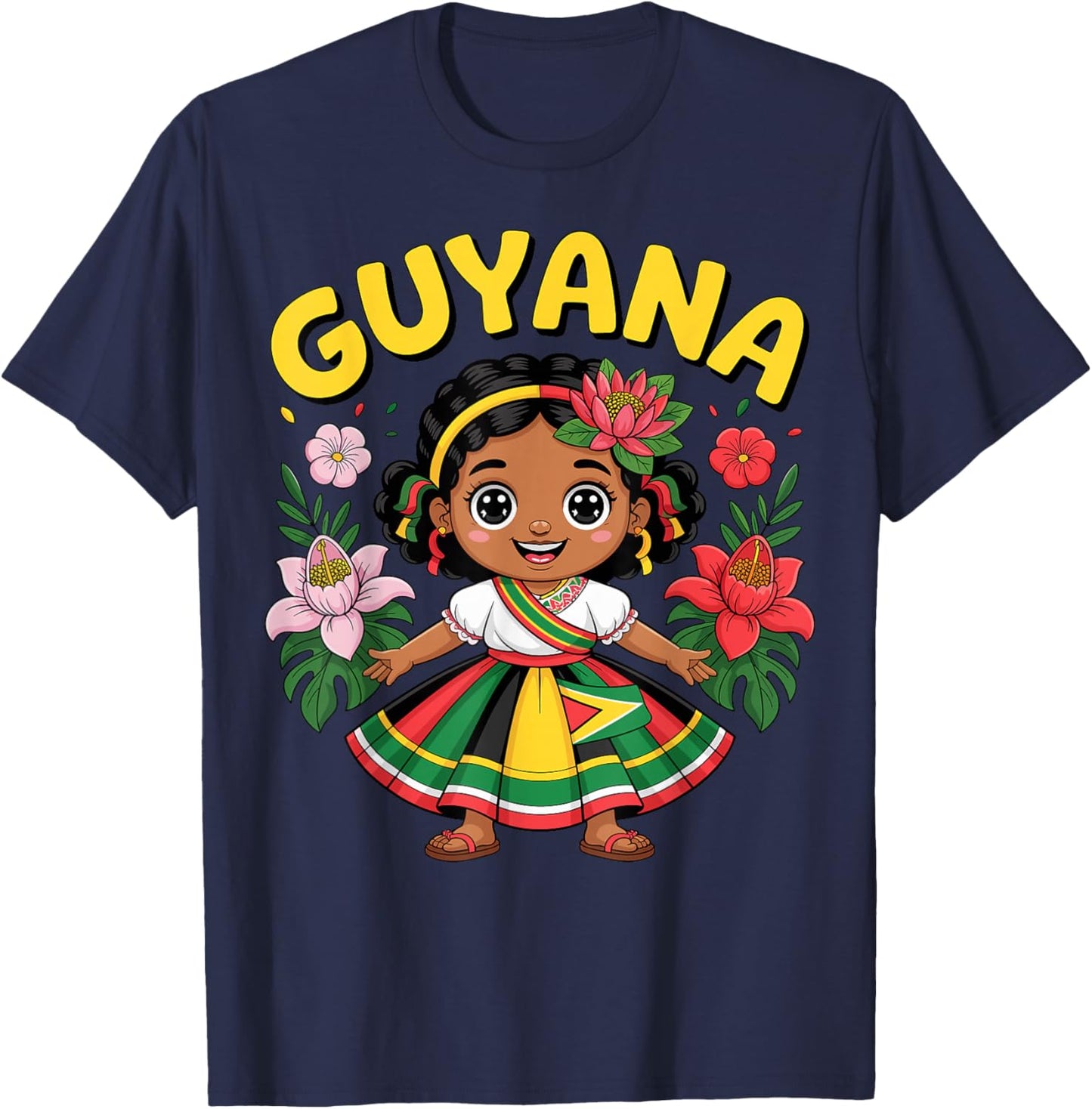 Guyanese Girl in Traditional Dress with Tropical Flowers T-Shirt - T-Shirt | Navy