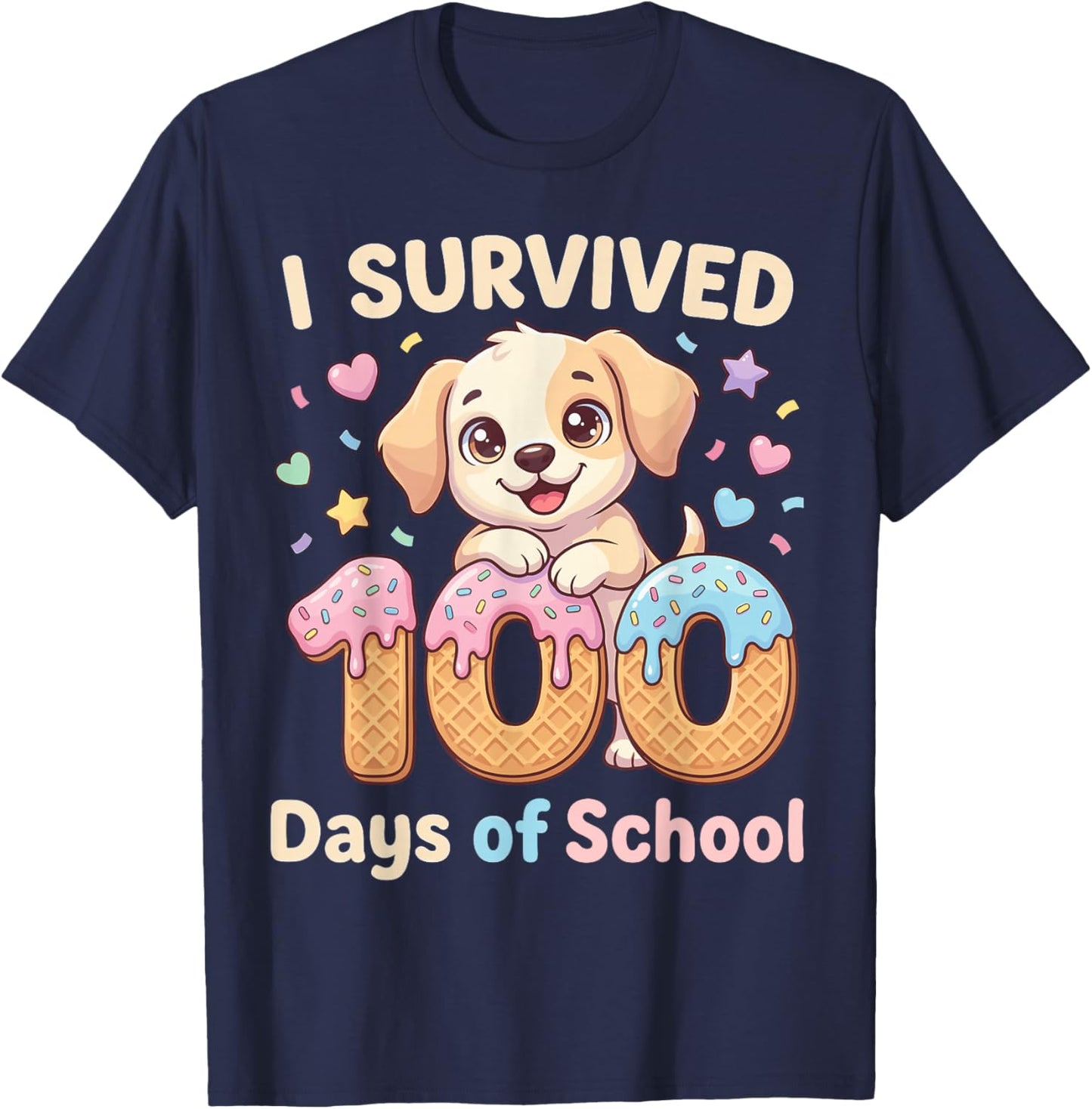 I Survived 100 Days of School Funny Punny Dog Ice Cream Drip T-Shirt - T-Shirt | Navy