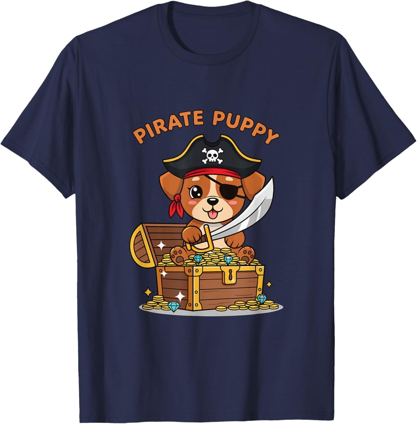 Pirate Puppy Dog with Treasure Chest Halloween T-Shirt - T-Shirt | Navy