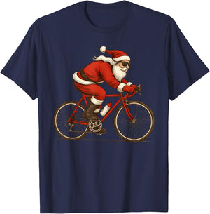 Retro Santa Riding Bicycle Cycling Biking Elf Bike Christmas T-Shirt - T-Shirt | Navy