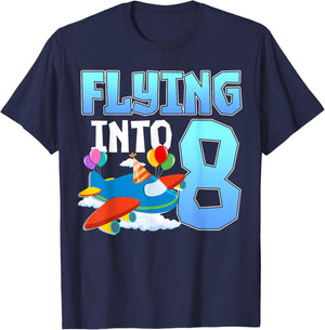 Flying Into 8 Airplane Aviation 8th Birthday Party Kids T-Shirt - T-Shirt | Navy