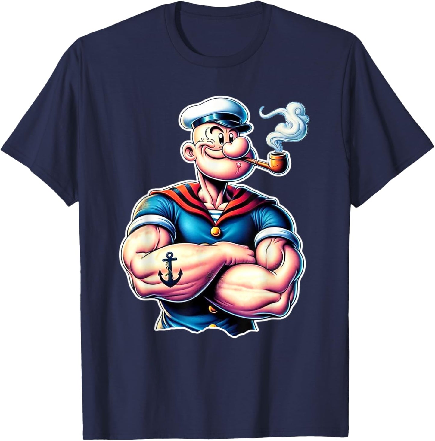Vintage Pop Eye Cartoon Muscular Tattoo T-Shirt - T-Shirt | Navy