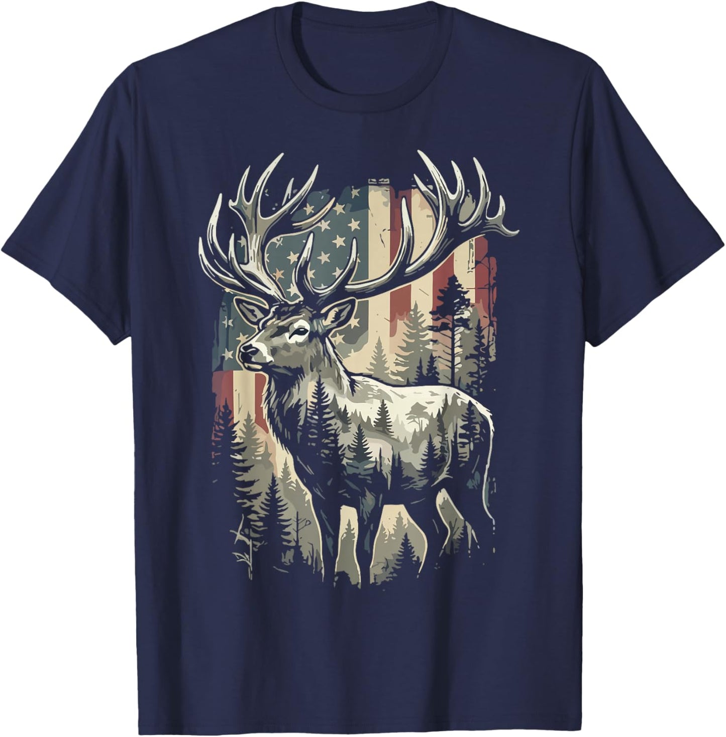 Hunting Forest Wildlife American Flag Deer T-Shirt - T-Shirt | Navy