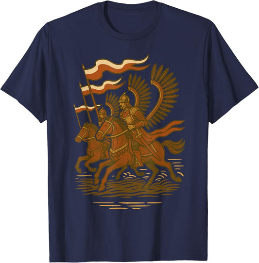 Polish Winged Hussars Charge Medieval Battle Art T-Shirt - T-Shirt | Navy
