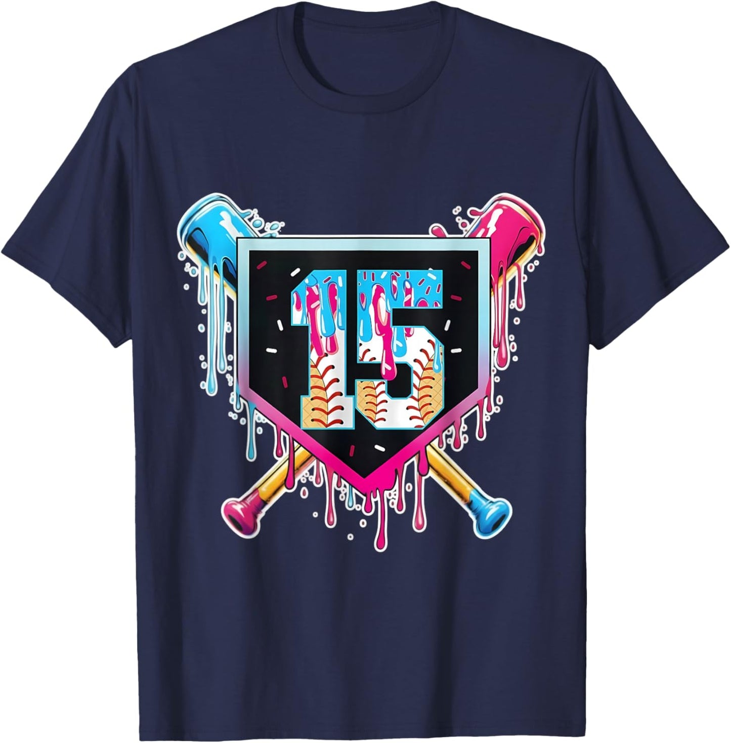 Baseball 15 Year Old Boy Ice Cream Drip 15th Birthday Player T-Shirt - T-Shirt | Navy