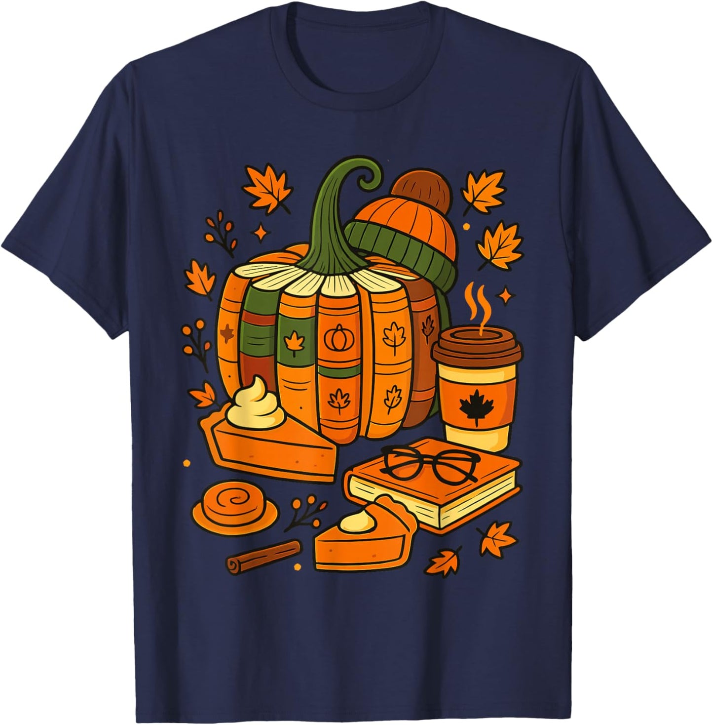 Retro Fall Pumpkin Books Autumn Reading Halloween Teacher T-Shirt - T-Shirt | Navy