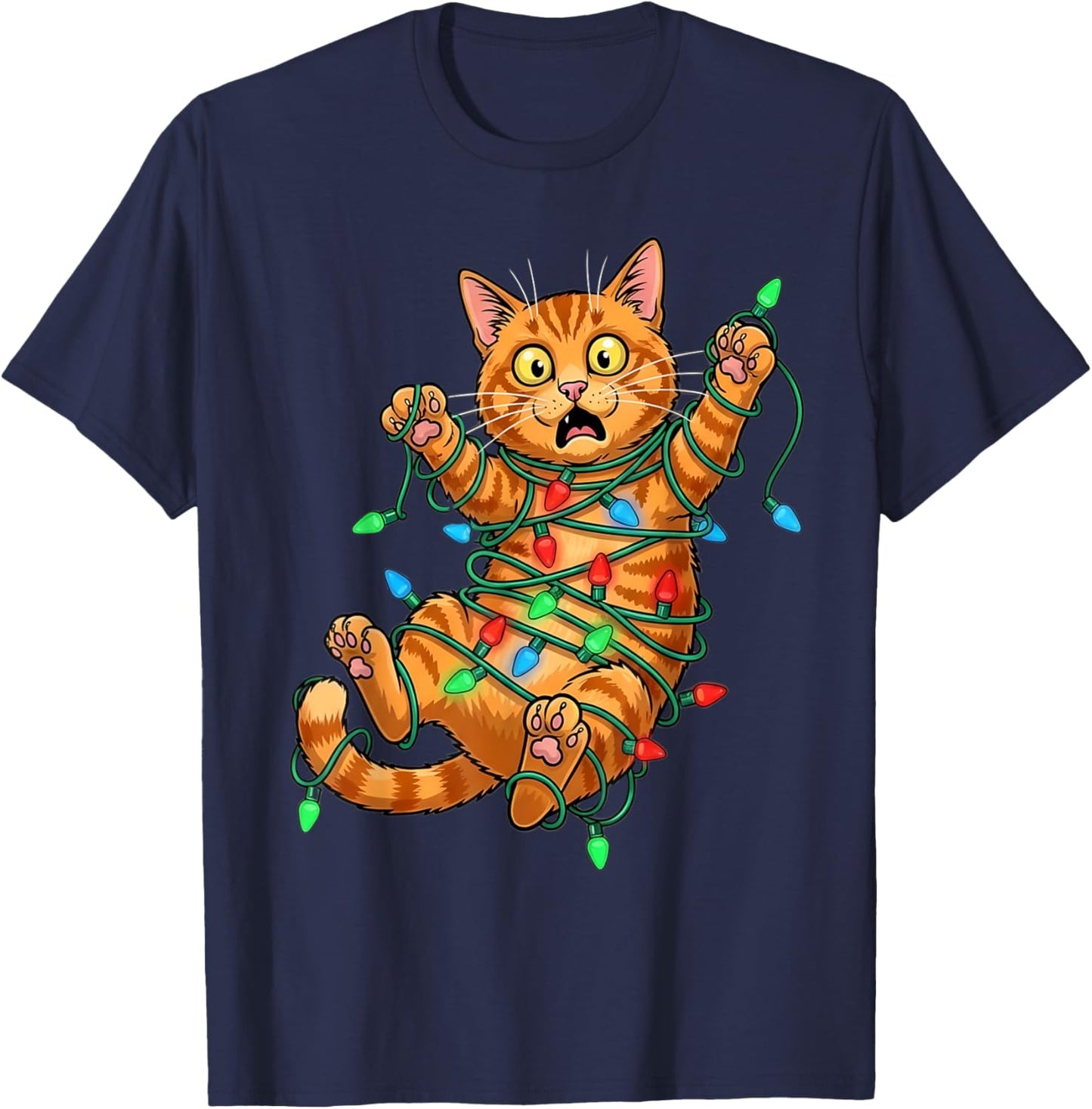 Funny Orange Cat Christmas Light Catmus T-Shirt - T-Shirt | Navy