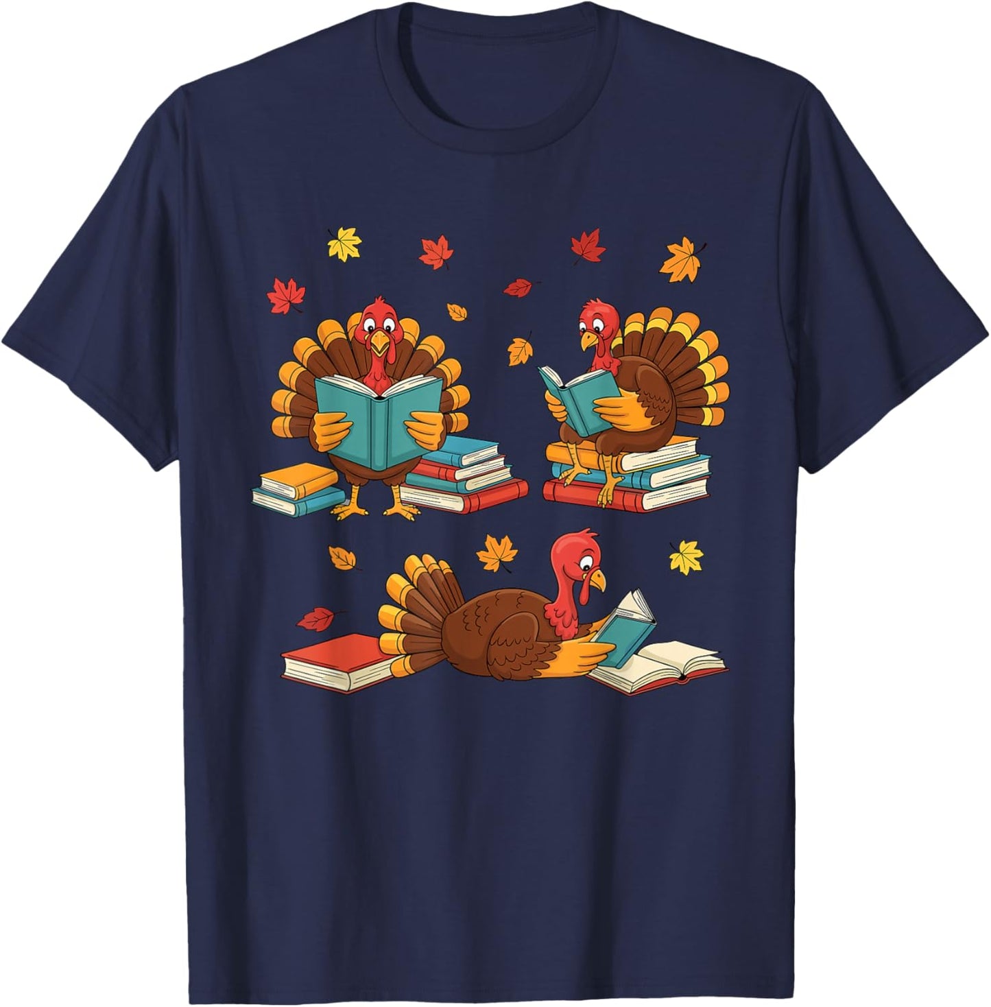 Turkey Reading Books Fall Book Lovers Thanksgiving Teacher T-Shirt - T-Shirt | Navy