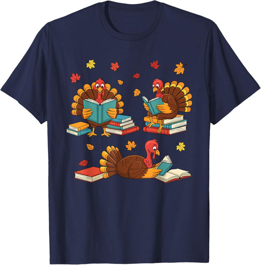 Turkey Reading Books Fall Book Lovers Thanksgiving Teacher T-Shirt - T-Shirt | Navy