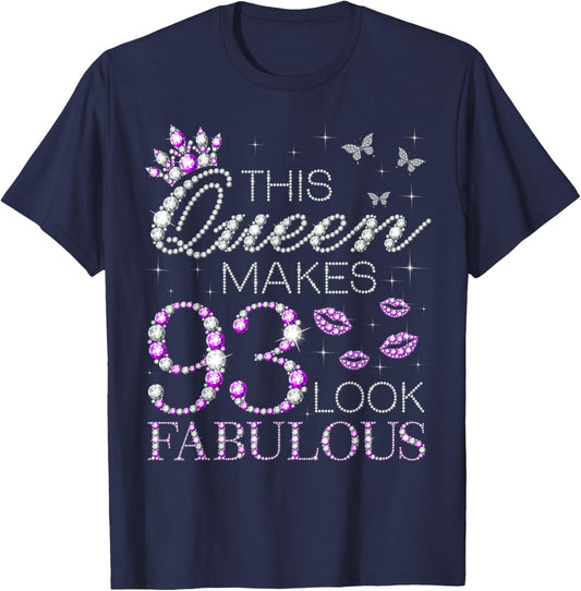 This Queen Makes 93 Look Fabulous 93rd Birthday Purple Style T-Shirt - T-Shirt | Navy
