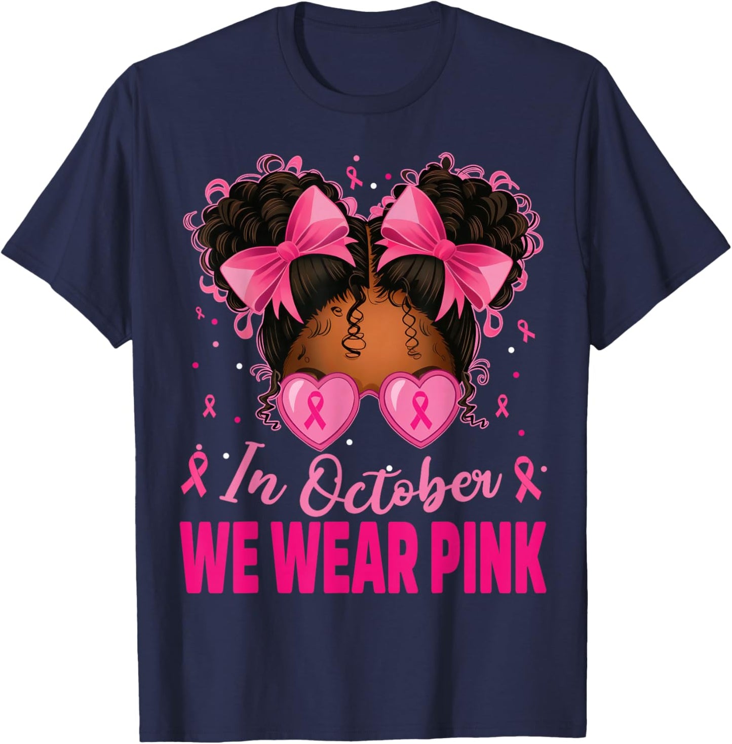 in October We Wear Pink Afro Girls Toddler Breast Cancer T-Shirt - T-Shirt | Navy