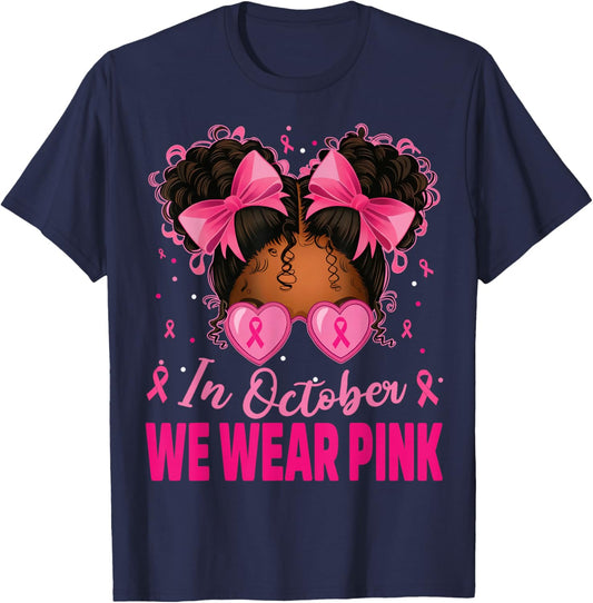 in October We Wear Pink Afro Girls Toddler Breast Cancer T-Shirt - T-Shirt | Navy