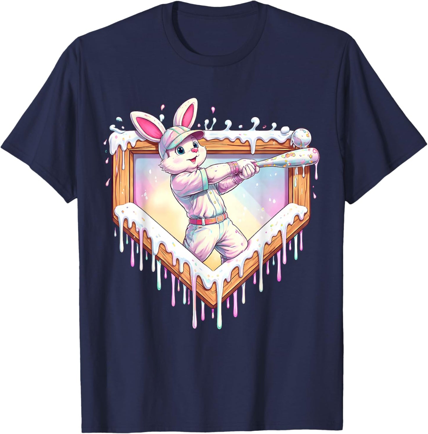 Kids Happy Easter Bunny Playing Baseball Boy Ice Cream Drip T-Shirt - T-Shirt | Navy
