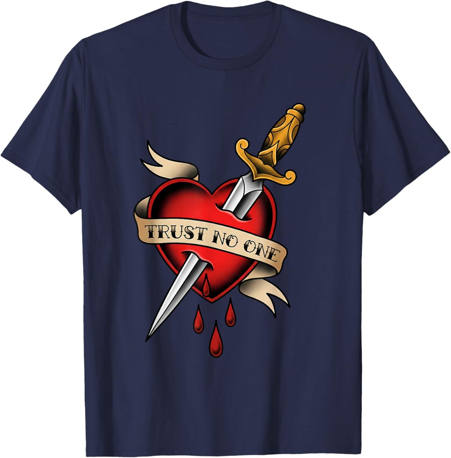 Trust No One Dagger Through Heart Tattoo T-Shirt - T-Shirt | Navy