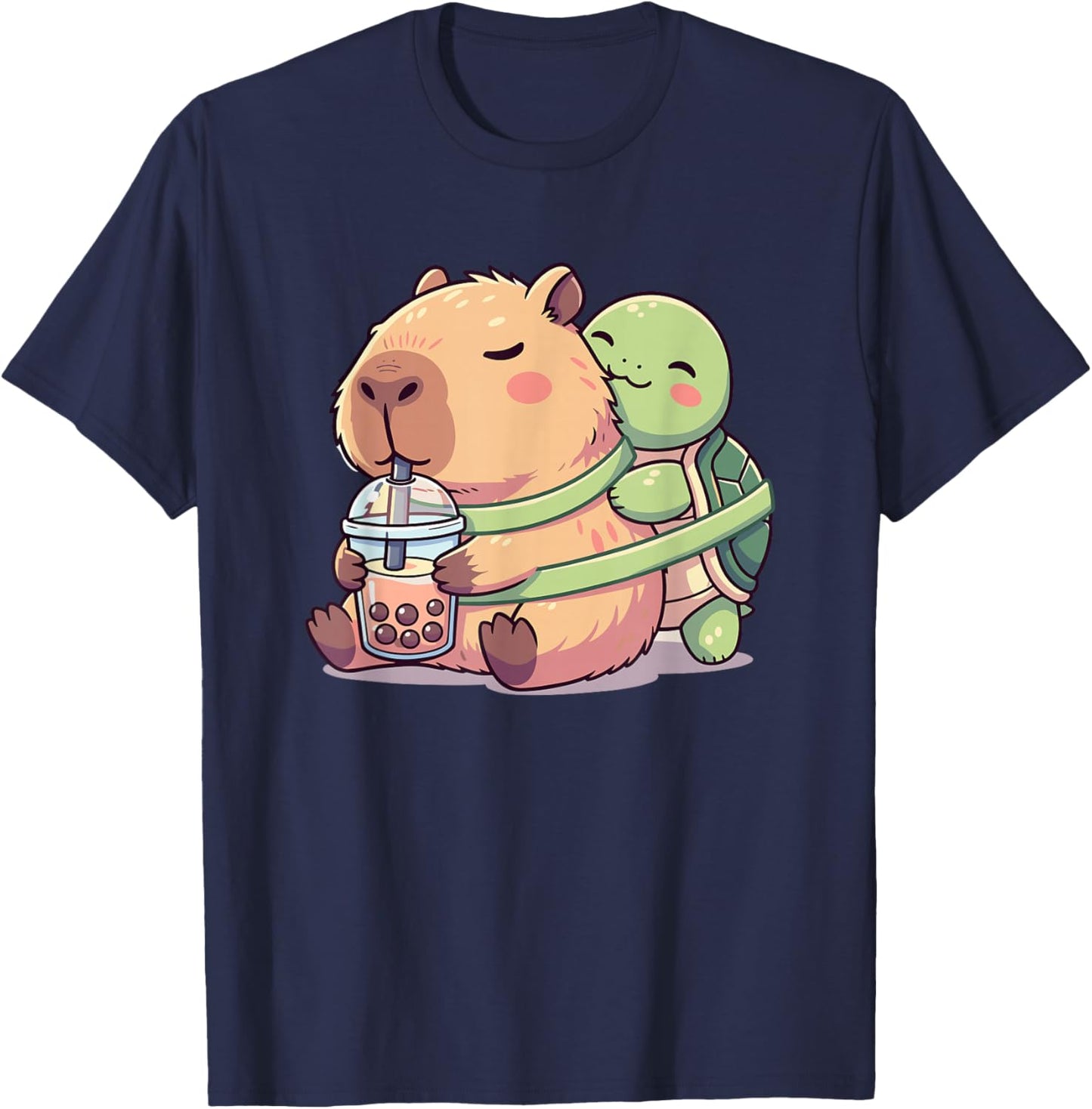 Funny Kawaii Capybara Turtle Boba Tea Cute Men Women Kids T-Shirt - T-Shirt | Navy