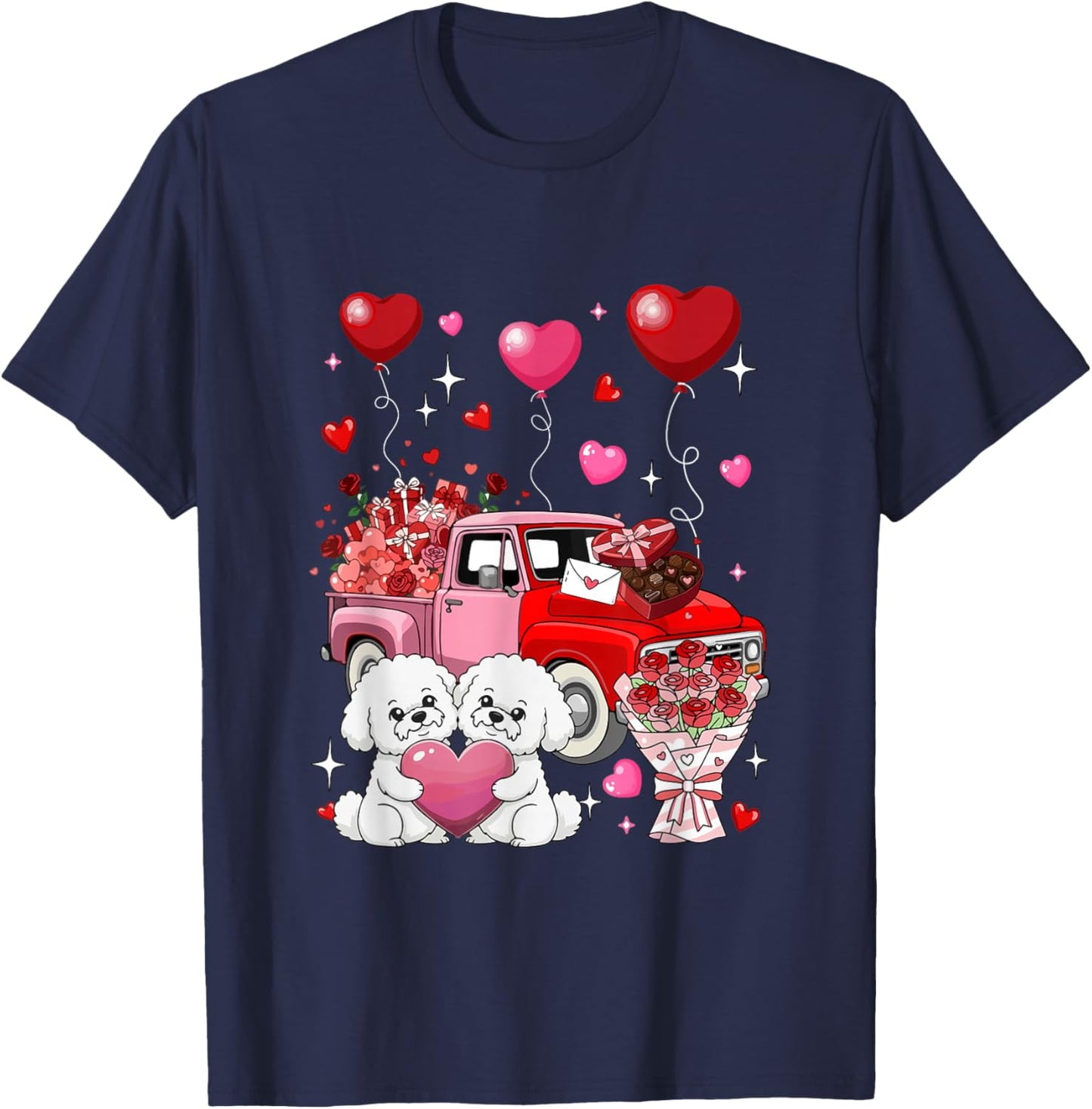 Couple Bichon Frises Valentine Hearts Tree Pickup Truck T-Shirt - T-Shirt | Navy