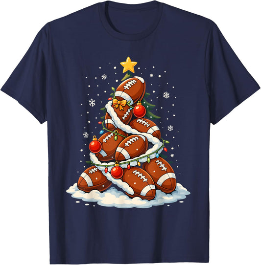 Football Christmas Tree Lights Santa Sport Player Lover Xmas T-Shirt - T-Shirt | Navy