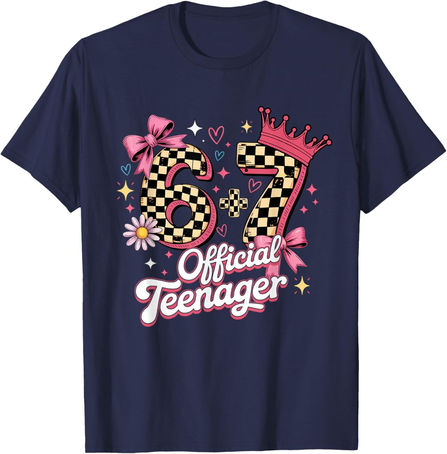 Pink Checkered 13th Birthday 6+7 13 Official Teenager Girls T-Shirt - T-Shirt | Navy