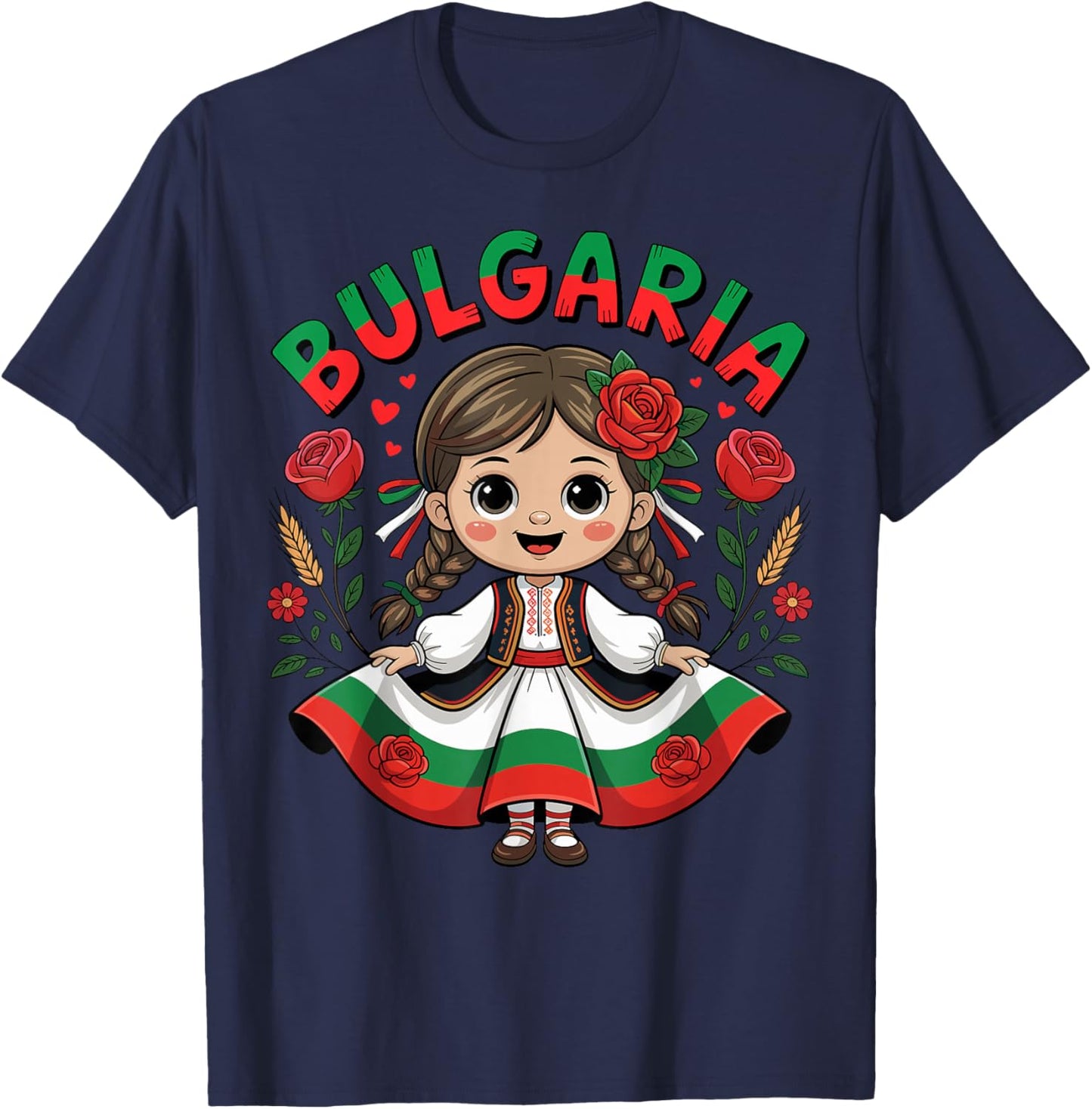 Cute Bulgarian Girl in Traditional Folk Dress for Kids T-Shirt - T-Shirt | Navy