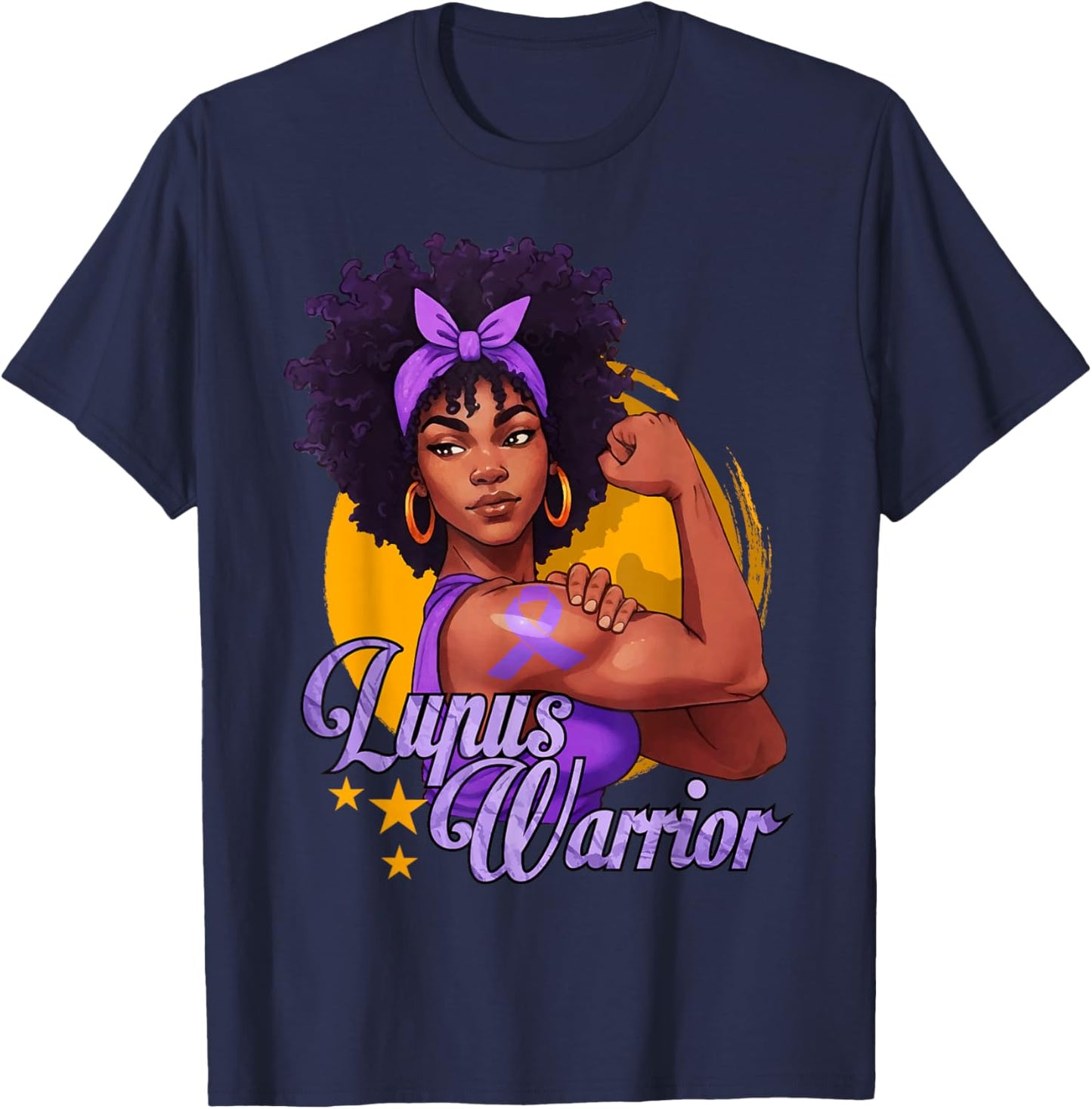 Lupus Warrior Afro Black Woman Wear Purple Ribbon Awareness T-Shirt - T-Shirt | Navy