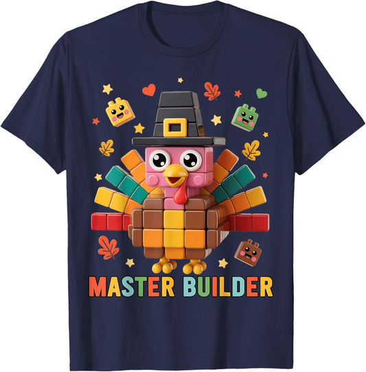 Thanksgiving Turkey Pilgrim Brick Building Blocks Builder T-Shirt - T-Shirt | Navy