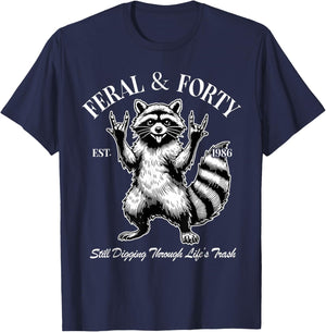 Funny 40th Birthday Est 1986 Feral & Forty Raccoon Men Women T-Shirt - T-Shirt | Navy