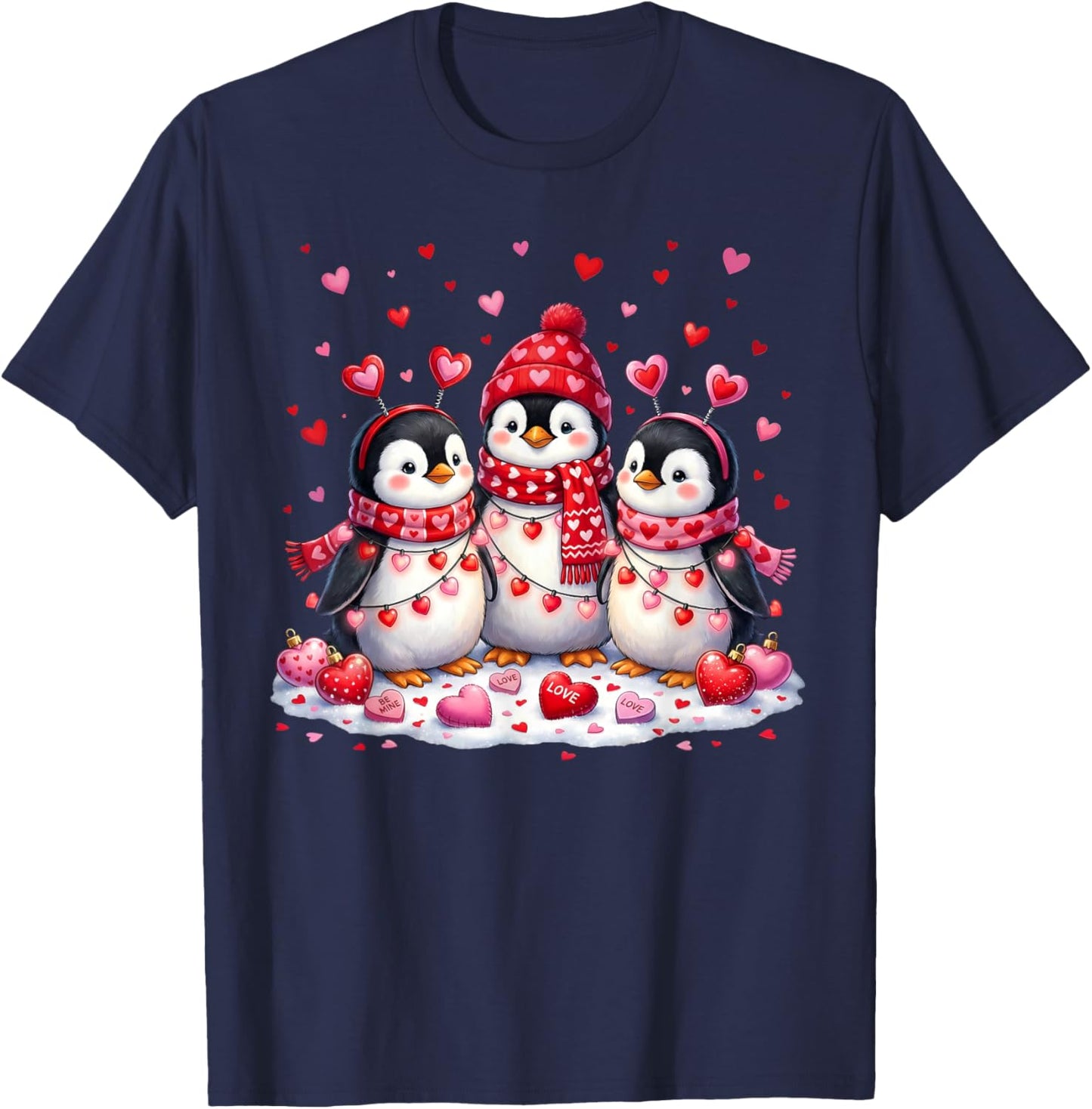 Cute Penguins Family Love Hearts Valentines Day T-Shirt - T-Shirt | Navy