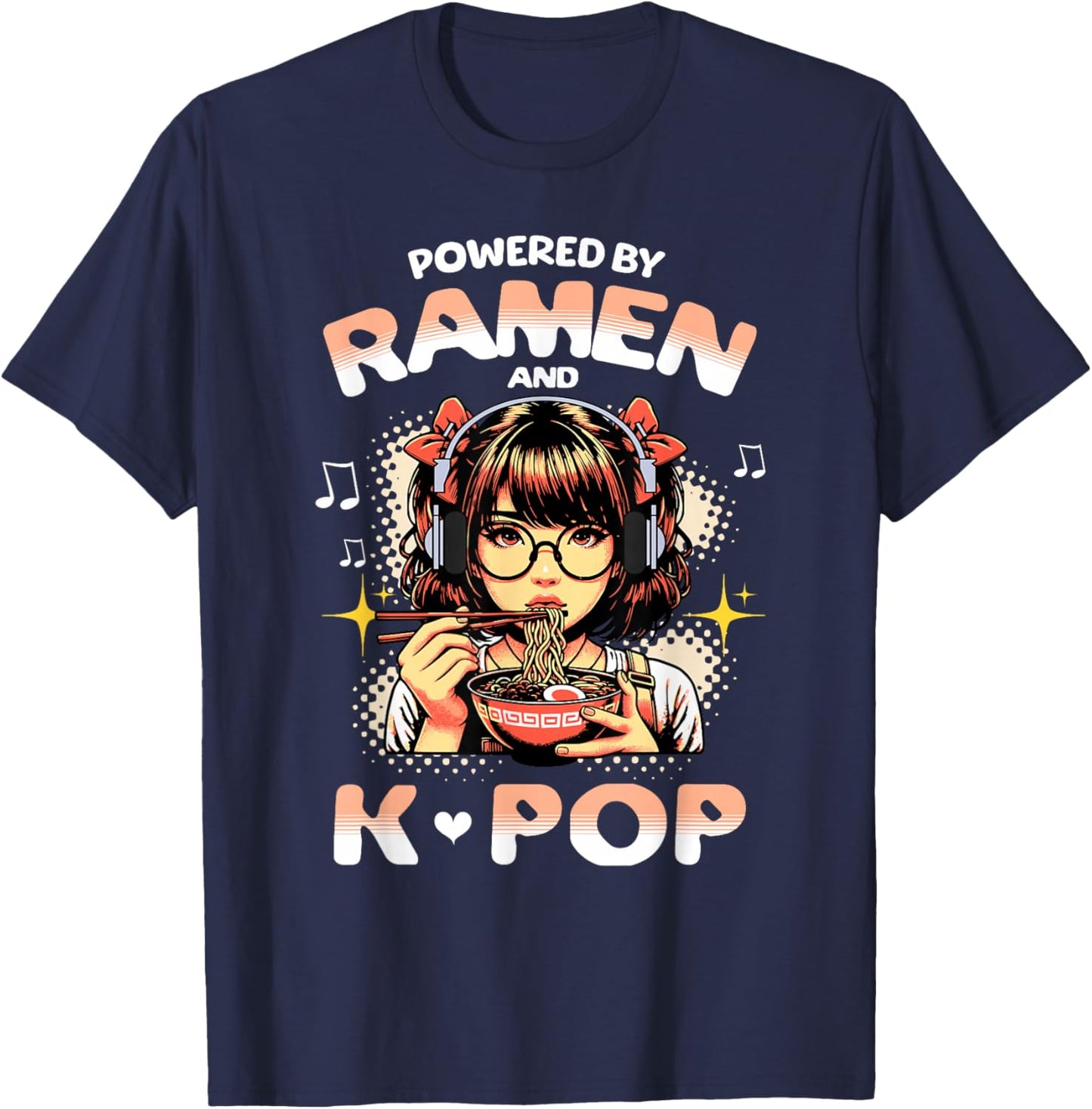 Powered by Ramen and K Pop Funny Anime Korean Music Manga T-Shirt - T-Shirt | Navy