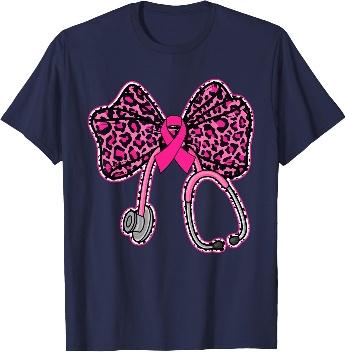 Leopard Coquette Bow Pink Stethoscope Nurse Breast Cancer T-Shirt - T-Shirt | Navy