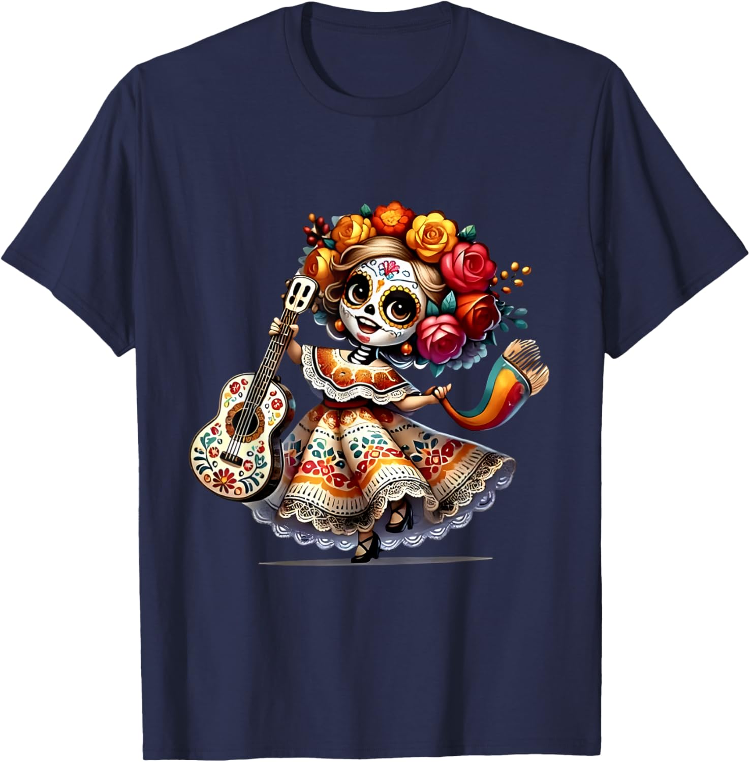 Dia De Los Muertos Girl with Guitar and Flowers T-Shirt - T-Shirt | Navy