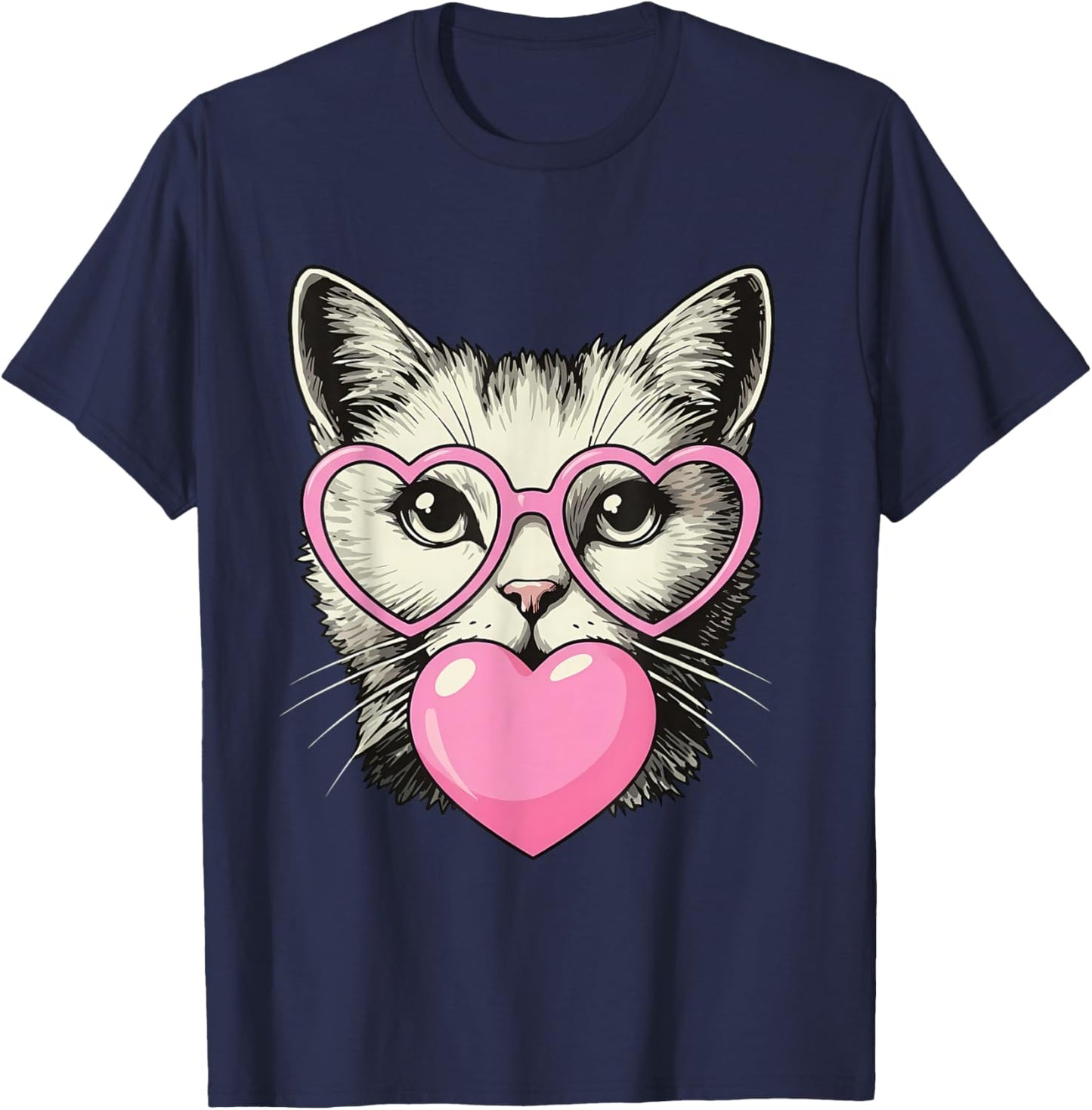 Cute Cat Blowing Pink Valentine Heart Bubble Gum T-Shirt - T-Shirt | Navy