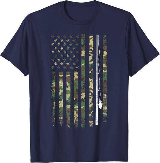 Fishing Camouflage US American Flag Bass Fish Fisherman Camo T-Shirt - T-Shirt | Navy