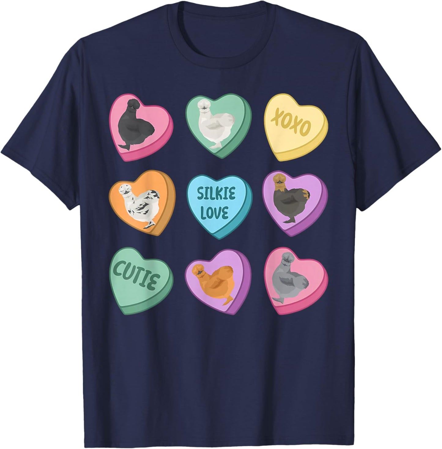 Cute Silkie Chicken Heart Candy Valentine Day Farm Animal T-Shirt - T-Shirt | Navy
