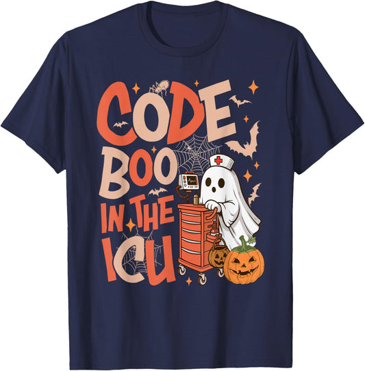 Ghost Code Boo in The ICU Nursing Nurse Halloween Costume T-Shirt - T-Shirt | Navy