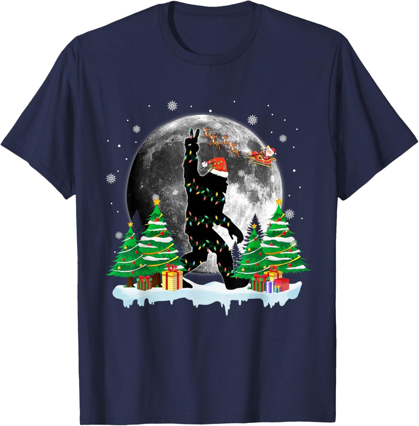 Funny Sasquatch Santa Bigfoot Christmas Tree Xmas Lights T-Shirt - T-Shirt | Navy