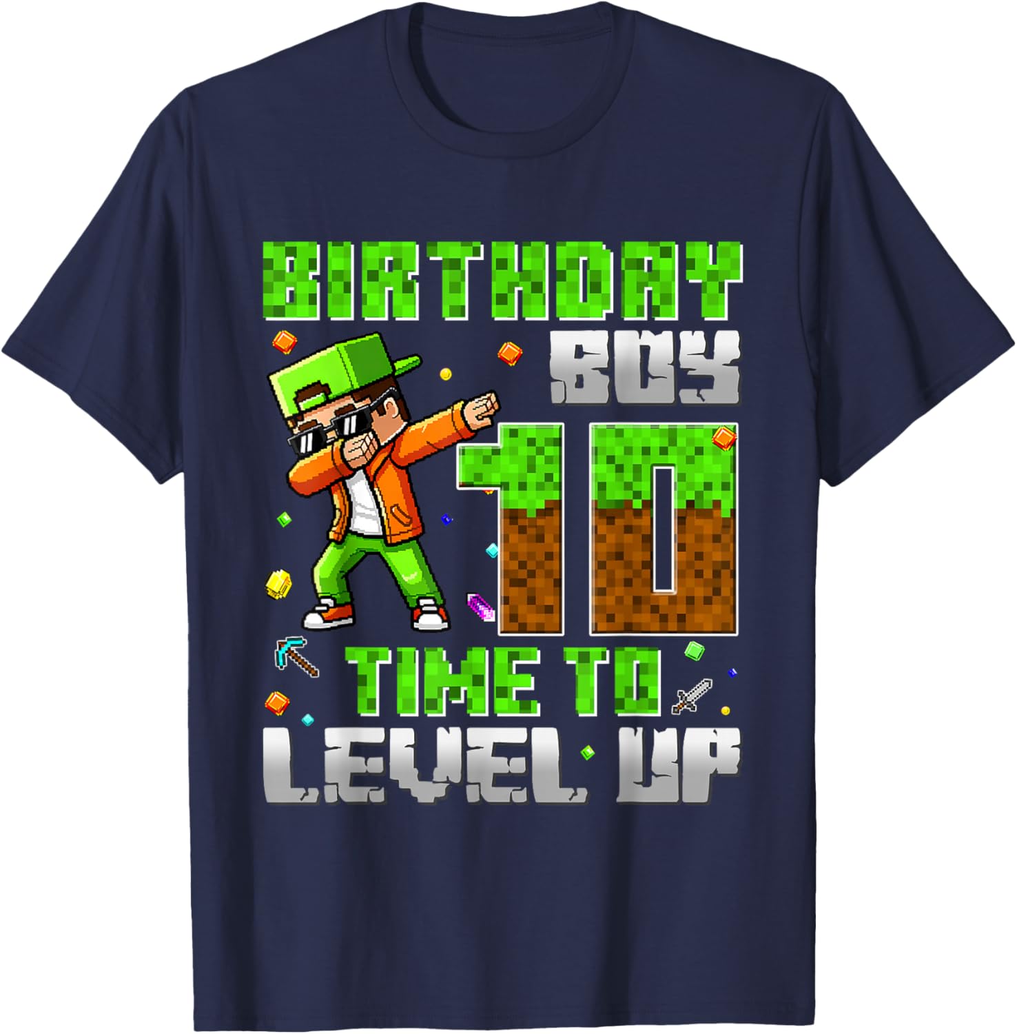 Pixel Game Dabbing Birthday Boy 10 Years Time to Level Up T-Shirt - T-Shirt | Navy