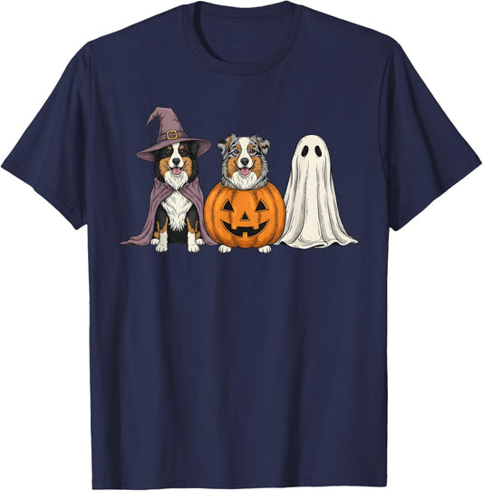 Spooky Ghost Australian Shepherd Pumpkin Halloween Dog Lover T-Shirt - T-Shirt | Navy