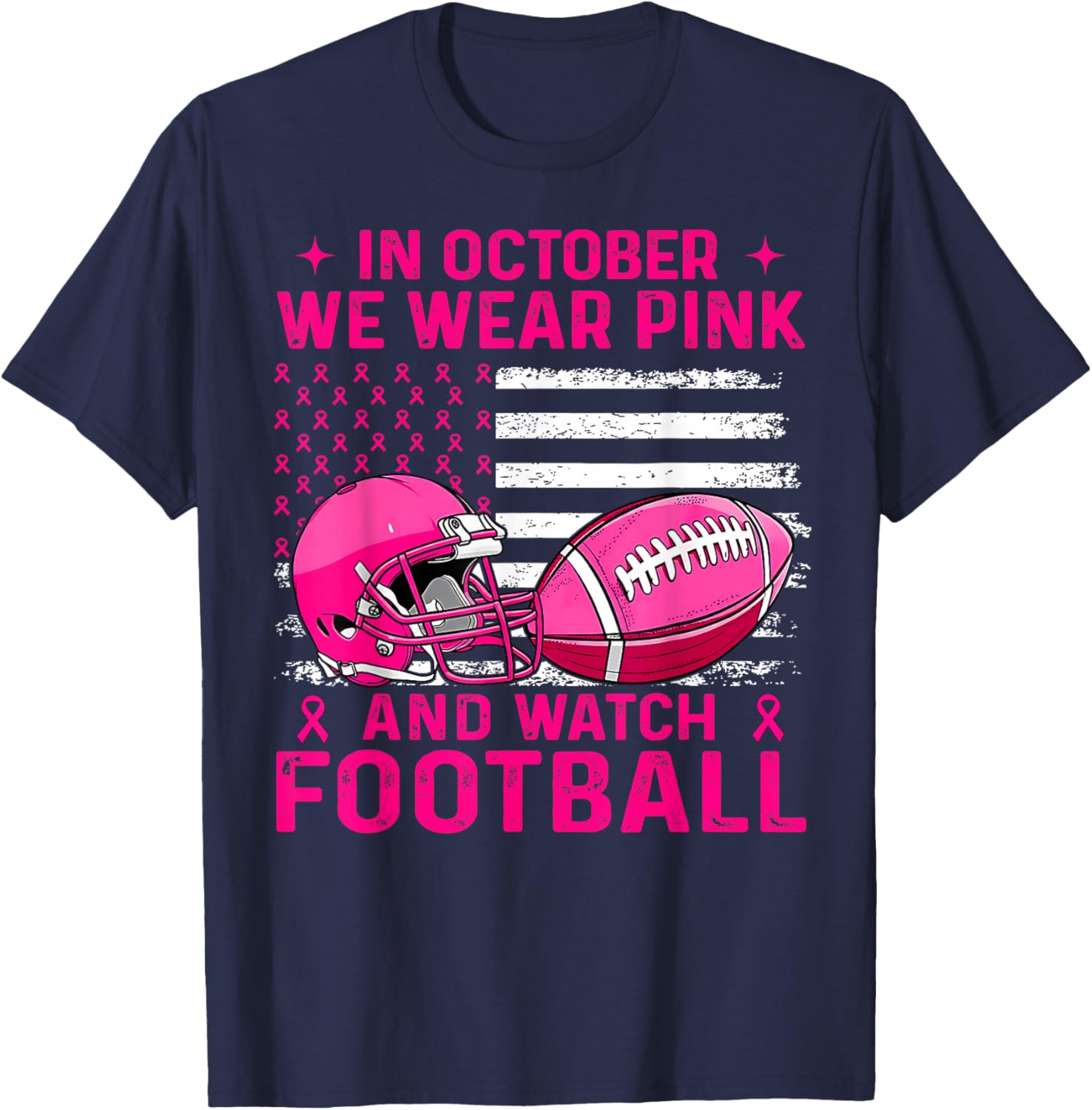 in October We Wear Pink Breast Cancer Flag Football Men Boys T-Shirt - T-Shirt | Navy