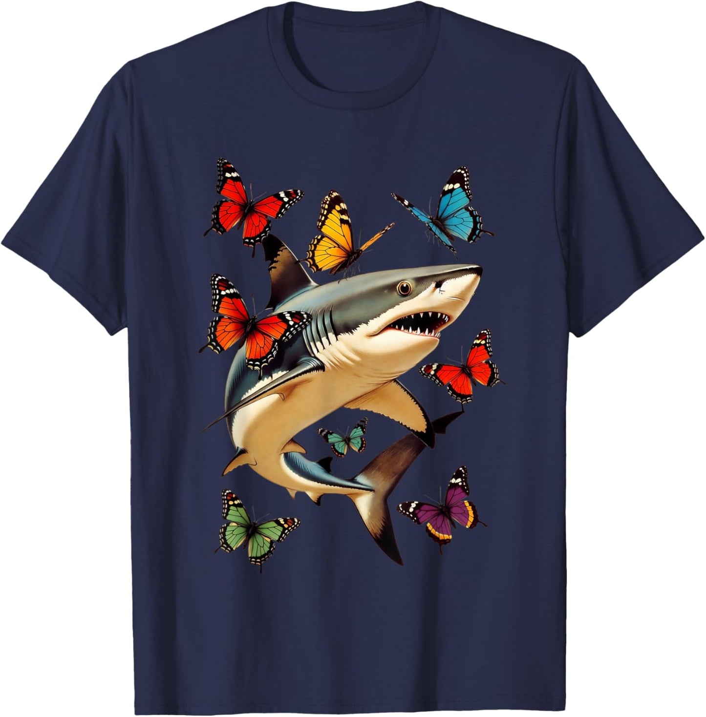 Funny Shark with Butterflies Retro Graphic Ocean Lovers T-Shirt - T-Shirt | Navy