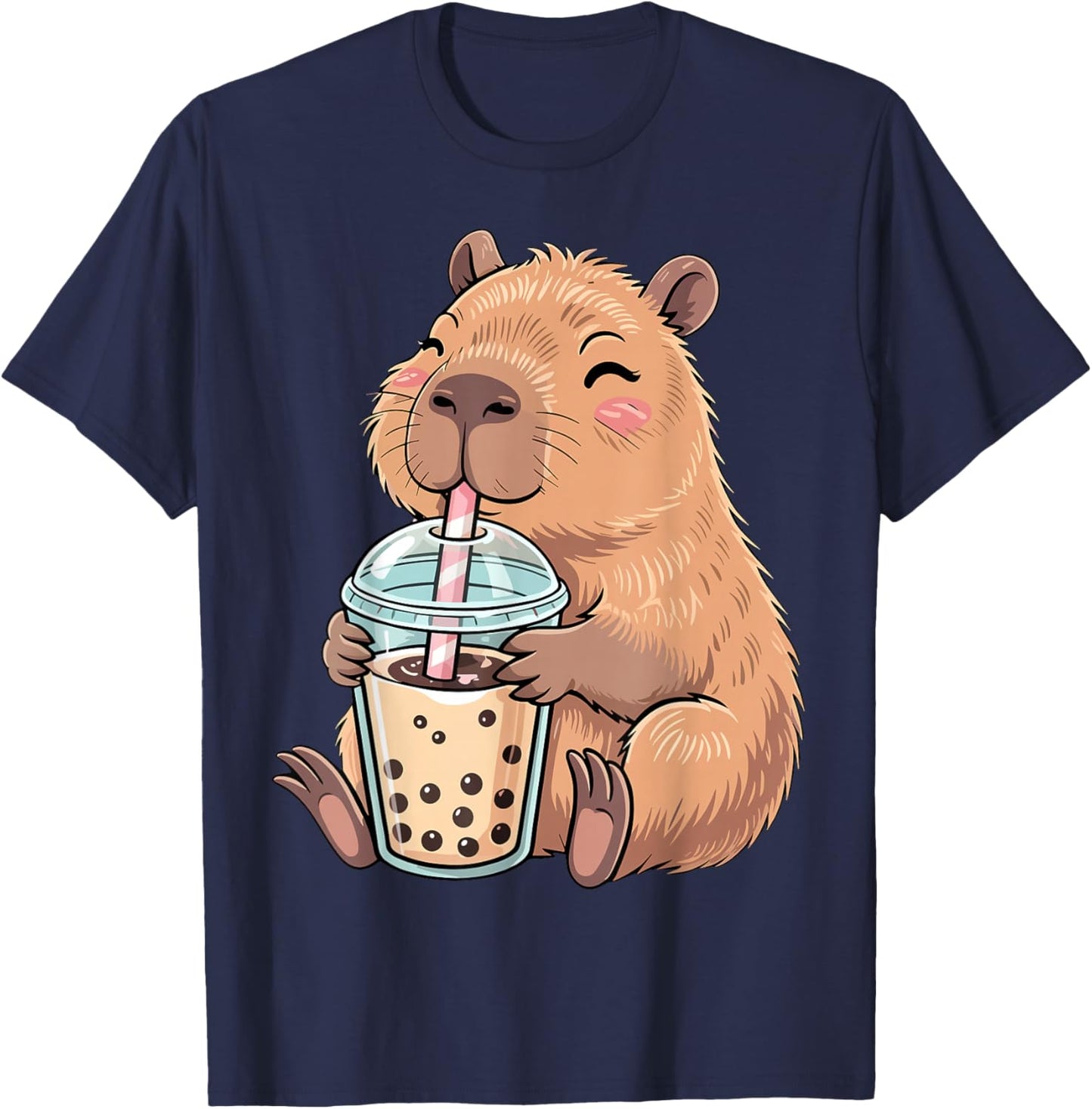 Cute Capybara Kawaii with Boba Bubble Tea T-Shirt - T-Shirt | Navy
