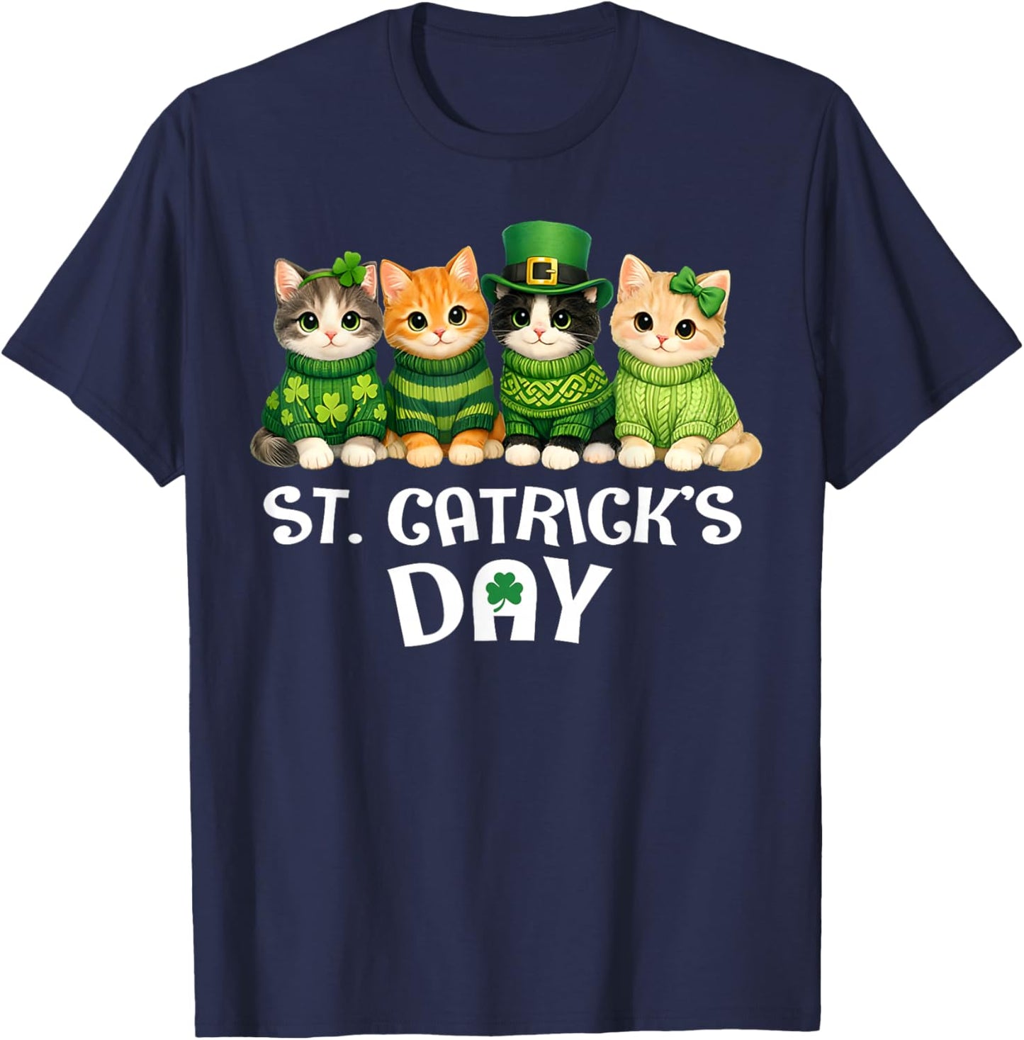Cute Catricks St Patricks Day Cats Saint Women Girls Kids T-Shirt - T-Shirt | Navy
