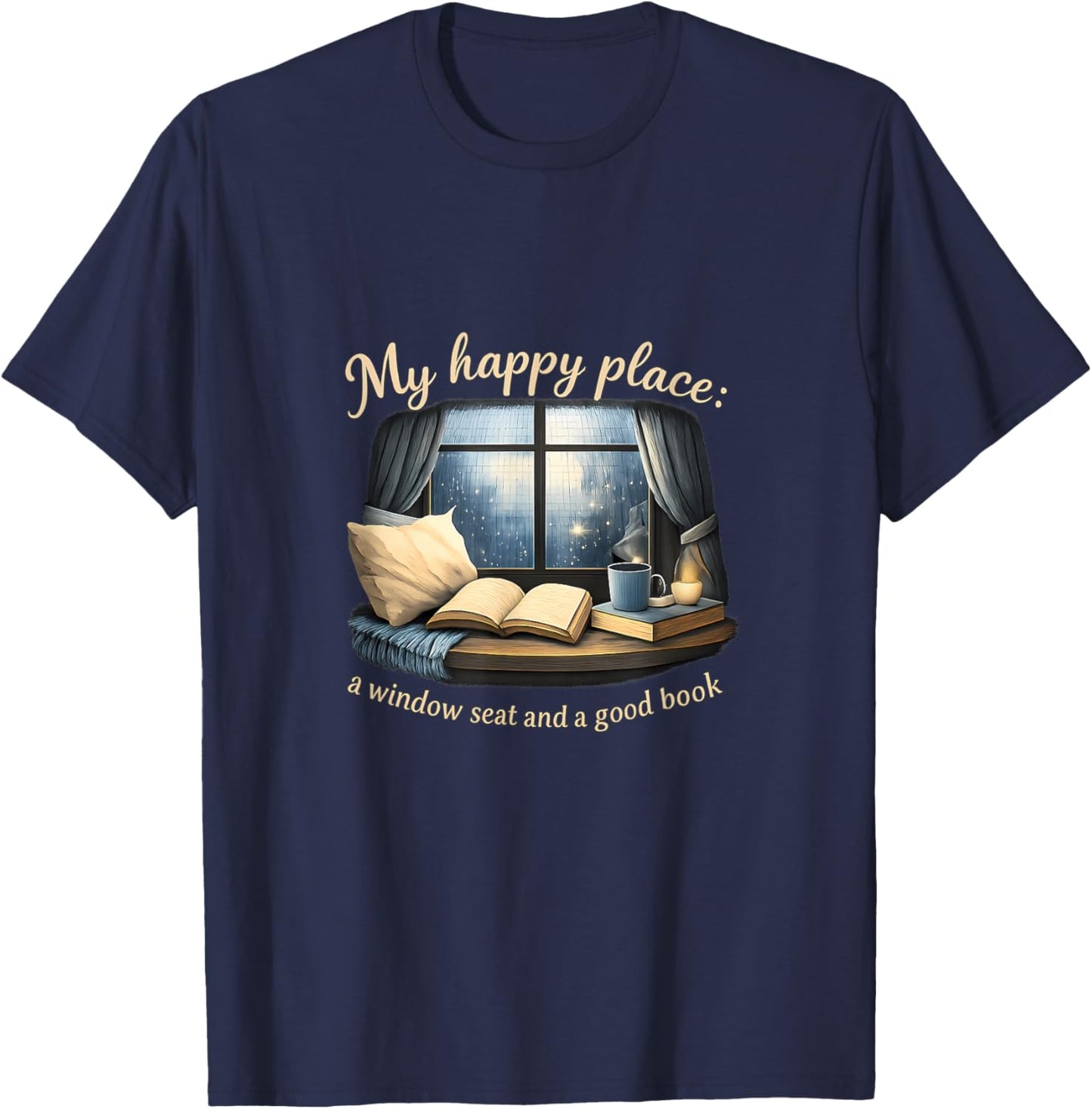 Cozy Book Lover Window Seat Happy Place Quote T-Shirt - T-Shirt | Navy