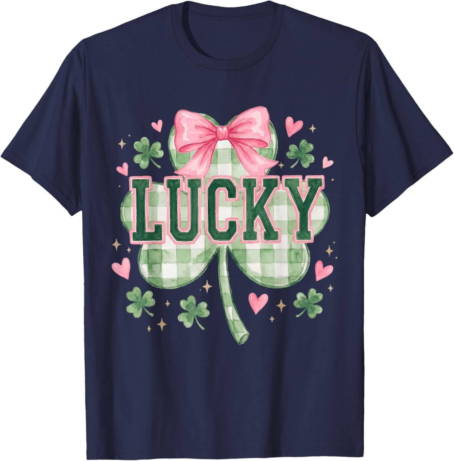 Vintage Coquette Bow Lucky Shamrock Clover St Patricks Day T-Shirt - T-Shirt | Navy