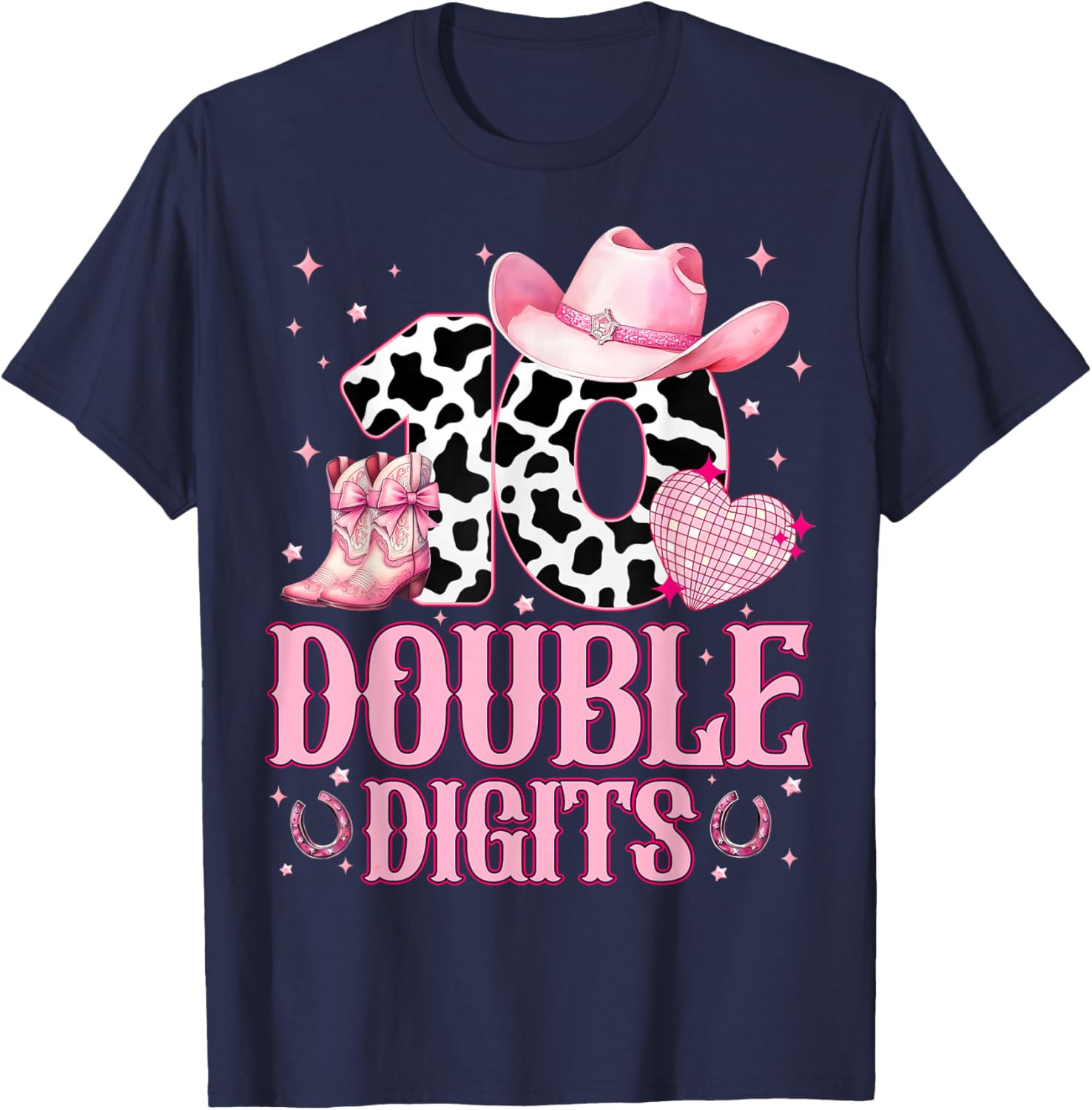 Kids 10th Birthday Girl Western Cowgirl Boots Double Digits T-Shirt - T-Shirt | Navy