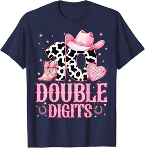 Kids 10th Birthday Girl Western Cowgirl Boots Double Digits T-Shirt - T-Shirt | Navy