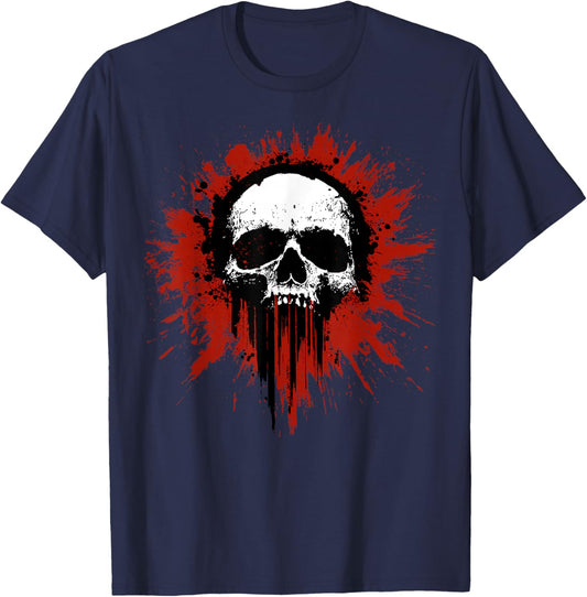 Grunge Skull Red Splatter Drip Splash T-Shirt - T-Shirt | Navy