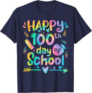Happy 100th Day of School Teacher Student Tie Dye 100 Days T-Shirt - T-Shirt | Navy