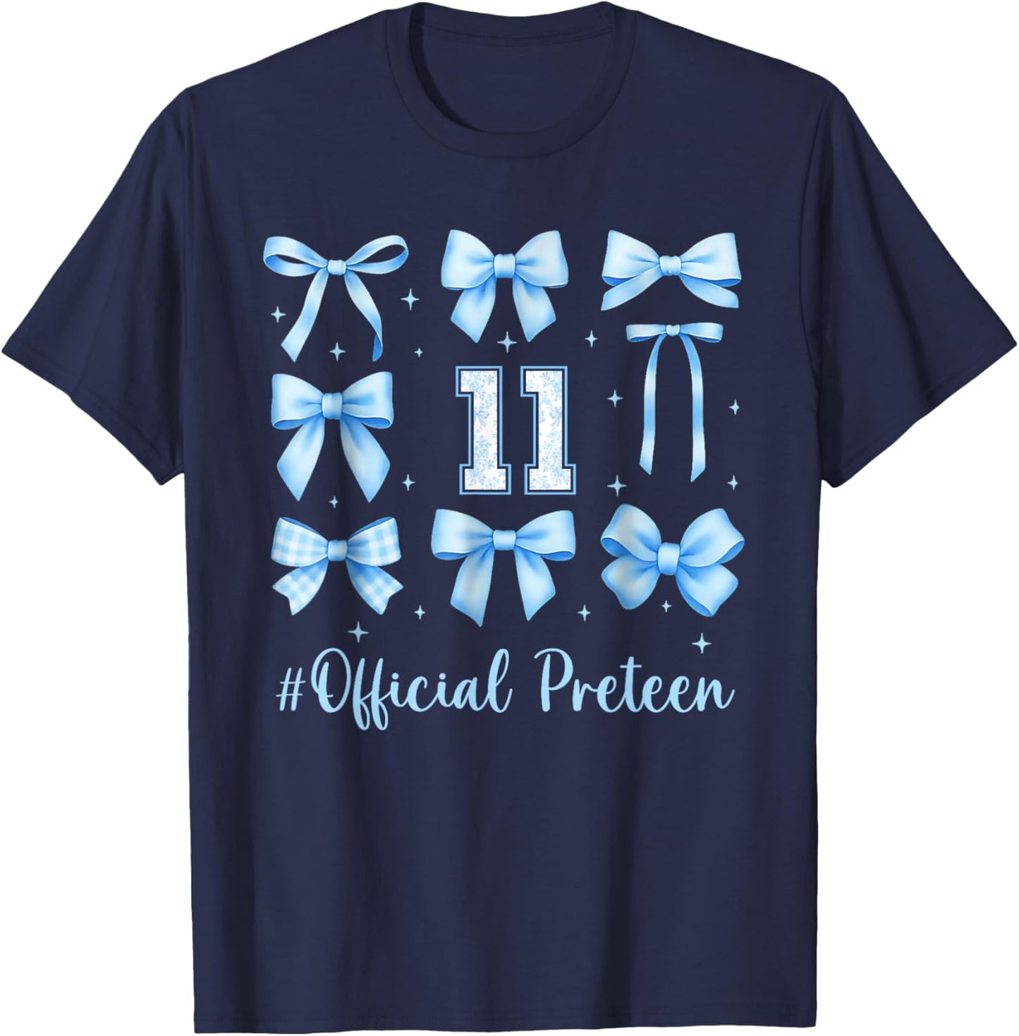 11th Birthday Girl Blue Floral Coquette Bow 11 Year Old T-Shirt - T-Shirt | Navy