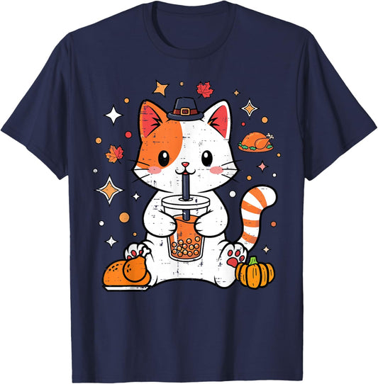 Thanksgiving Cat Boba Bubble Milk Tea Fall Girls Kids Women T-Shirt - T-Shirt | Navy